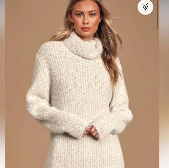 NWOT Lulu's Whispers Ivory Multi Eyelash Knit Turtleneck Sweater Dress Medium - Picture 8 of 9